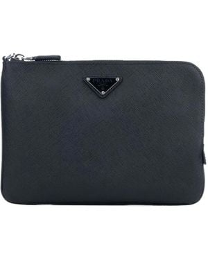 Prada Logo-Plaque Zip Clutch Bag - Black