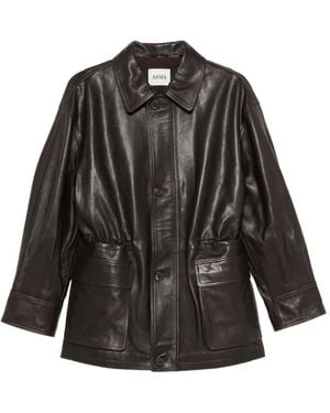 Arma Drawstring-Fastening Leather Coat - Black