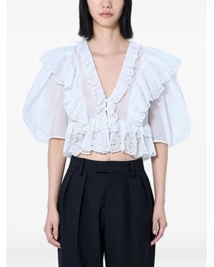 Chloé Cropped Ruffled-Sleeve Blouse - White