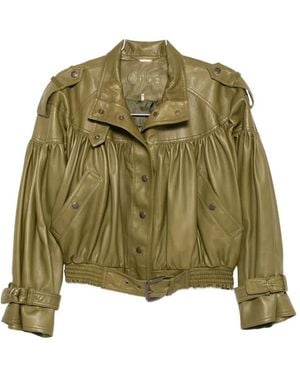 Chloé Belted Gathered Leather Jacket - Green