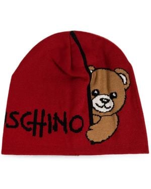 Moschino Logo-Intarsia Teddy Bear Beanie Hat - Red