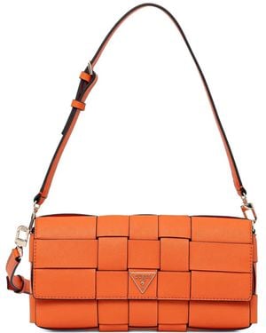 Guess Woven Logo-Plaque Satchel Bag - Orange