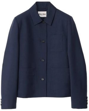Miu Miu Patch-Pocket Embroidered-Logo Jacket - Blue