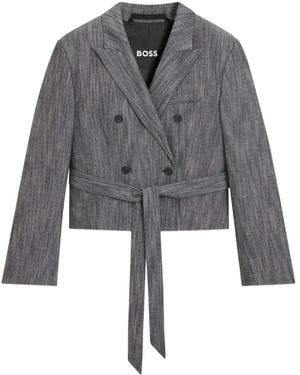 BOSS Double-Breasted Tie-Detailed Jacket - Gray
