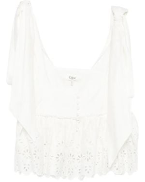 Chloé Broderie-Anglaise Bow-Detail Top - White