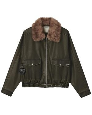 Musium Div. Faux-Fur Collar Belted Jacket - Green