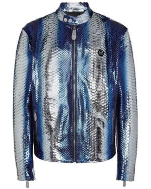 Philipp Plein Python Leather Moto Jacket - Blue
