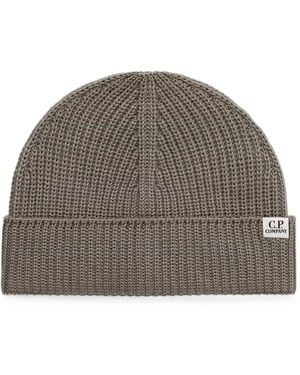 C.P. Company Logo-Patch Ribbed Beanie Hat - Gray