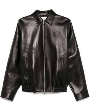 Miu Miu Logo-Appliqué Leather Jacket - Black
