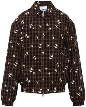 Ganni Check Floral-Embroidered Jacket - Black