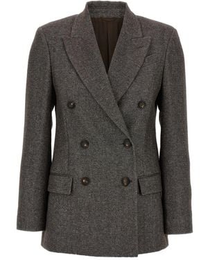 Brunello Cucinelli Tweed Double-Breasted Blazer - Black