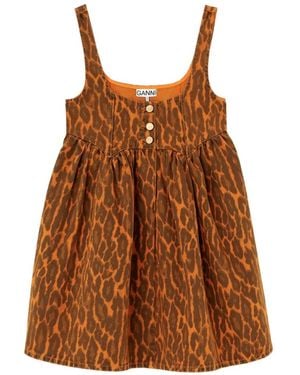 Ganni Leopard-Print Denim Dress - Brown