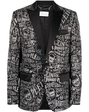 Philipp Plein Velvet Blazer Lord Fit Skull And Plein With Crystals - Black