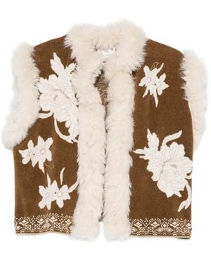 forte_forte Veste À Fleurs En Intarsia Et Finitions En Peau Lainée - Natural