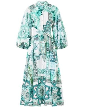 CAMILLA Printed Bubble-Sleeve Shirt Midi Dress - Blue
