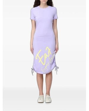 EA7 Logo-Print Ruched Midi Dress - Blue