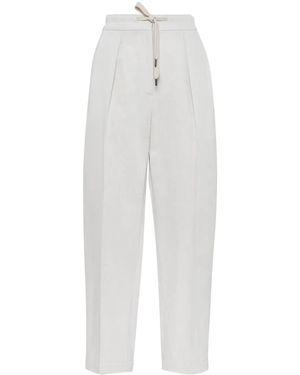 Brunello Cucinelli Off- Cotton-Linen Blend Gabardine Trousers - Weiß