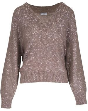 Brunello Cucinelli V-Neck Embellished Jumper - Brown