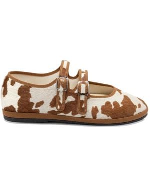 Gondolina Cow-Print Double-Strap Mary Jane Ballet Flats - Brown