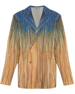Homme Plissé Issey Miyake Paint Brush Close-Up Double-Breasted Blazer - Blue