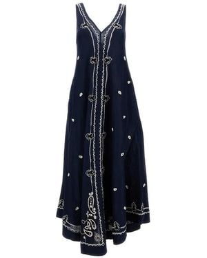 P.A.R.O.S.H. Intricately Embroidered A-Line Linen Dress - Blue