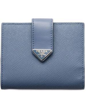 Prada Small Saffiano And Smooth Leather Wallet - Blue