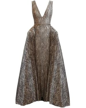 Gemy Maalouf Beaded-Overskirt V-Neck Dress - Brown