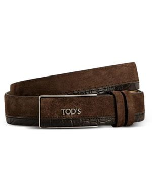 Tod's Crocodile-Effect Suede Belt - Brown