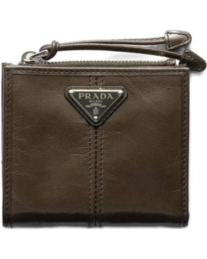 Prada Triangle Logo Zip Leather Wallet - Brown