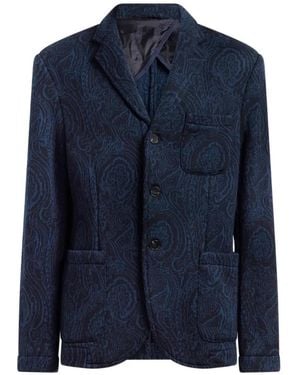 Etro Single-Breasted Wool-Blend Jacquard Jacket With Arnica-Motif - Blue