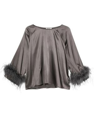Max & Moi Seidenstretch-Top Mit Federbesatz - Grau
