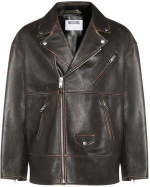 Moschino Smiley-Face Studded Leather Jacket - Black