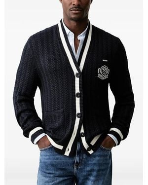 Guess Cable-Knit Logo-Patch Cardigan - Blue