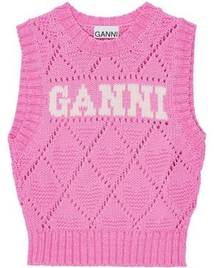 Ganni Top Con Logo - Rosa