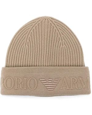 Emporio Armani Logo-Embossed Rib Beanie - Natural