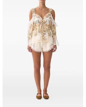 CAMILLA Short À Fleurs Et Finitions En Dentelle - Natural