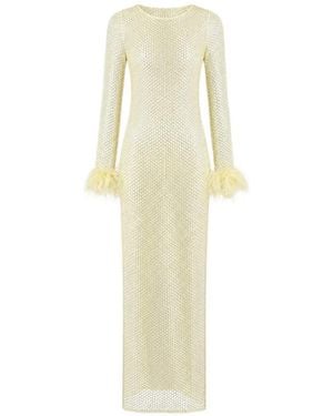 OW Collection Robe Longue Alva En Résille À Détails De Plumes Et Ornements - Blanc