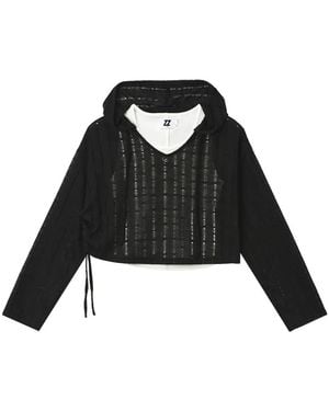 Izzue Layered-Design Pointelle Hoodie - Black