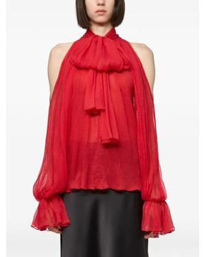 Atu Body Couture Cold-Shoulder Pussy-Bow Blouse - Red