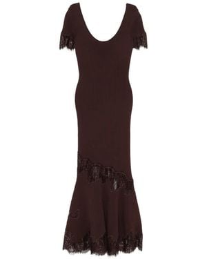 Self-Portrait Lace-Trim Ribbed-Knit Maxi Dress - Brown