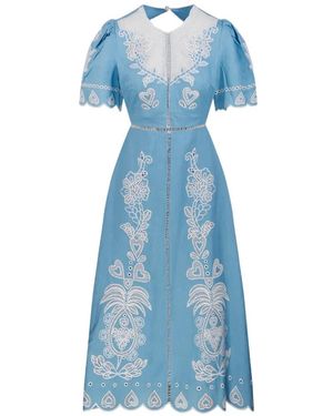 FARM Rio Cut-Out Embroidered Midi Dress - Blue