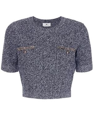 Elisabetta Franchi Knitted Chest-Pocket Short-Sleeve Top - Blue