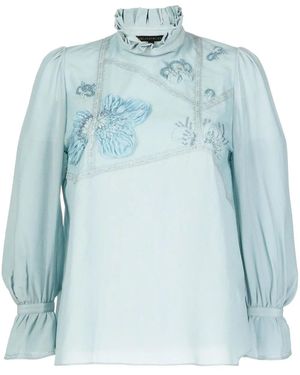 Shiatzy Chen Floral-Appliqué Crop-Sleeve Blouse - Blue