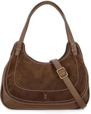 VISONA Suede-Finish Contrast-Stitching Tote Bag - Brown