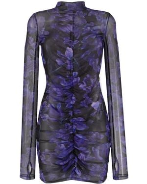 Philipp Plein Floral-Print Long-Sleeve Ruched Minidress - Blue