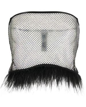 Patrizia Pepe Feather-Trim Rhinestone Mesh Top - Black