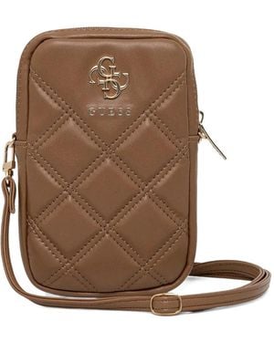 Guess Quilted Logo-Plaque Phone Bag - Brown