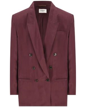 Saint Laurent Habotai Double-Breasted Peak-Lapel Jacket - Purple