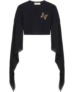 Blumarine Butterfly-Appliqué Flared-Sleeve Cardigan - Black