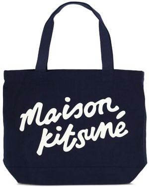 Maison Kitsuné Handwriting-Print Tote Bag - Blue